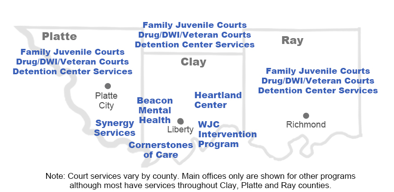 Map of Clay, Platte and Ray Counties with link "hotspots" for services within each county.